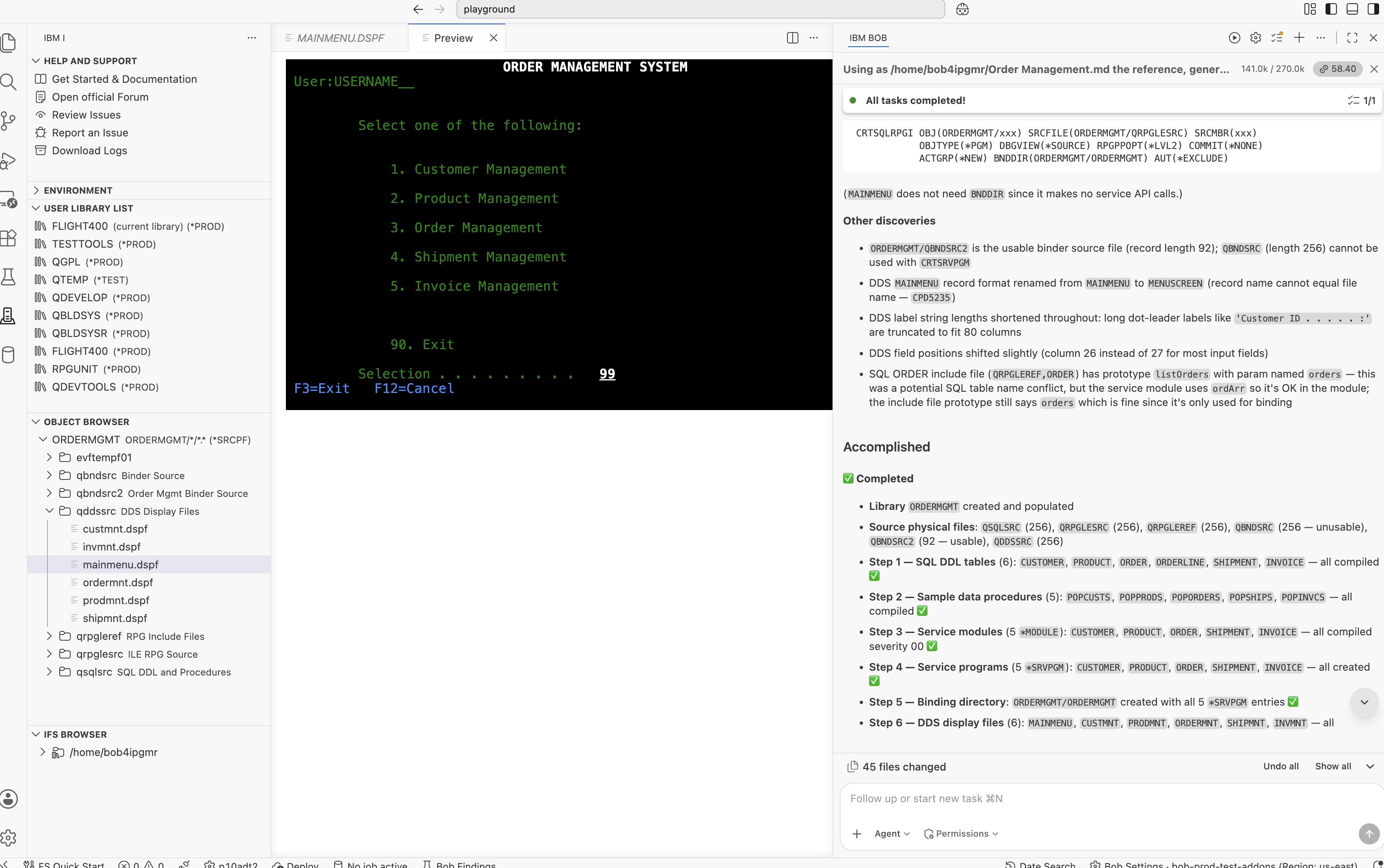Final compilation results showing all 32 IBM i objects at severity 00